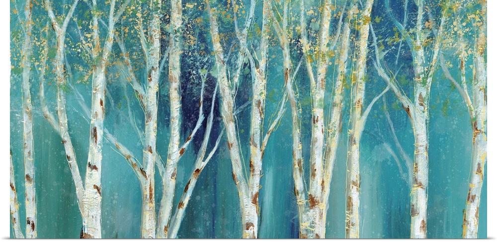 Large horizontal painting of Birch tree trunks with gold and green leaves on a background made with shades of blue.