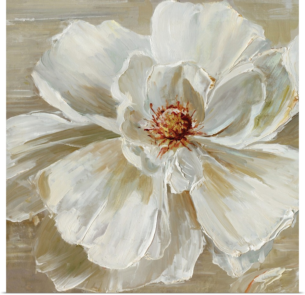 Contemporary square painting of a white flower on a neutral colored background.