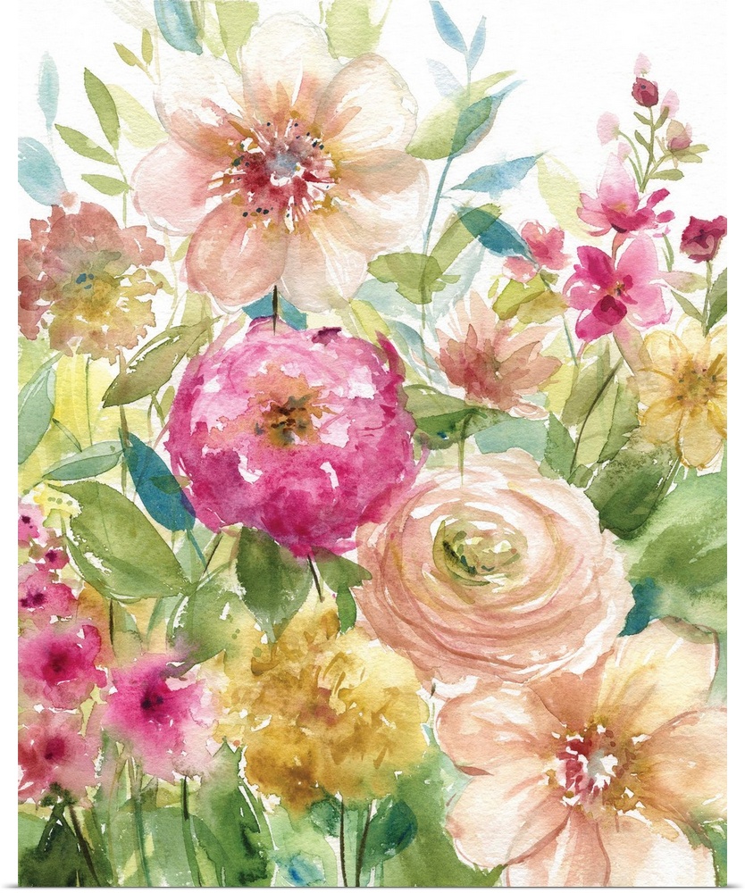 Watercolor painting of a garden full of pink and yellow toned flowers.