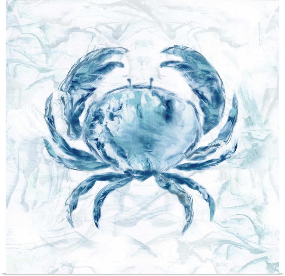 Square beach themed painting of a blue crab with a marbled finish and background.
