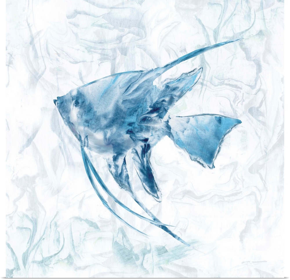 Square beach themed painting of a blue fish with a marbled finish and background.