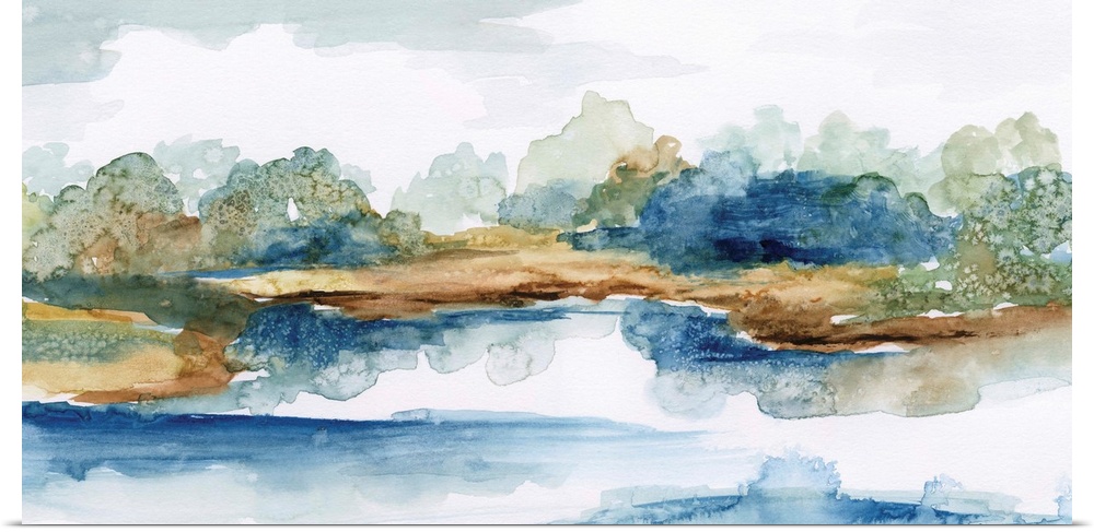 Watercolor landscape painting in cool shades of blue and green.