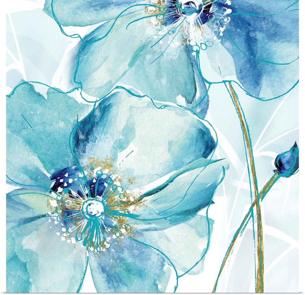 Square decor with two poppy flowers made in shades of blue with metallic gold.