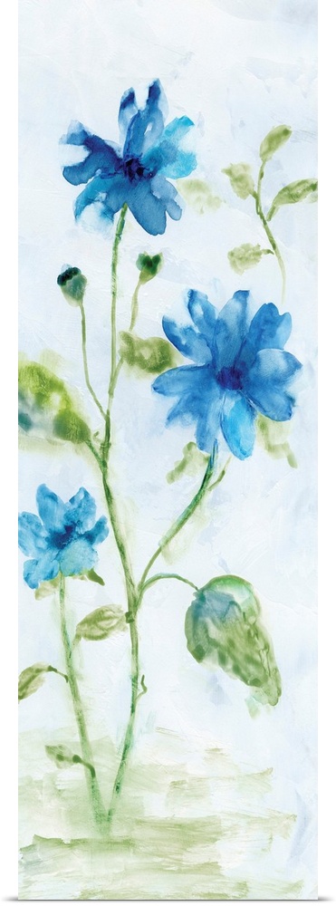 Watercolor art print of bright blue flowers on a pale grey background.