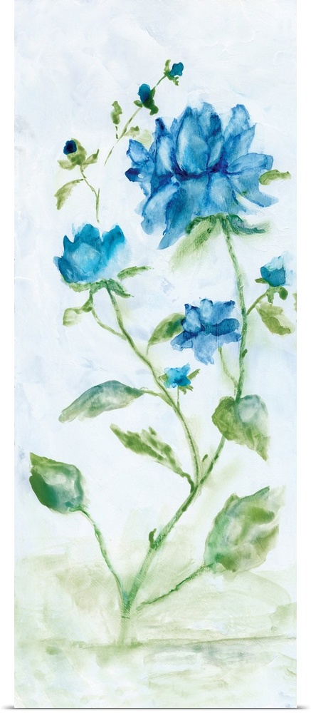 Watercolor art print of bright blue flowers on a pale grey background.