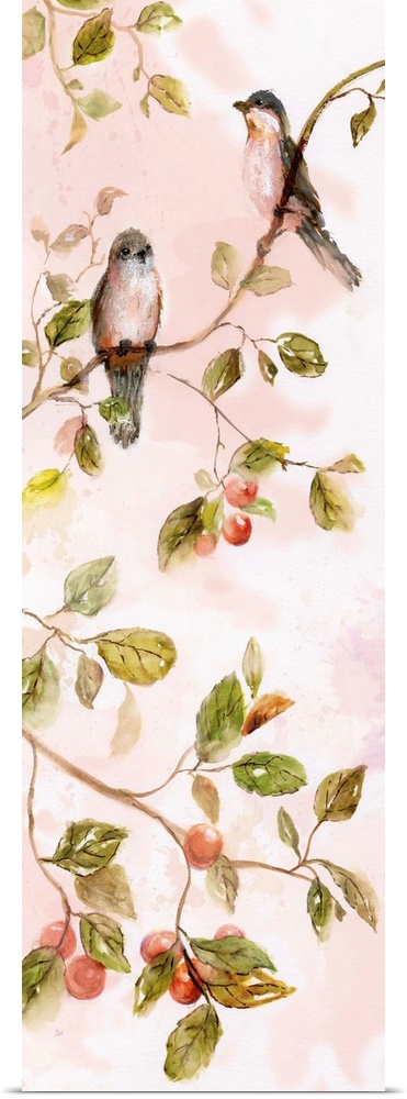 A watercolor painting of two birds perched on a branch surrounded by green leaves and red berries with a pale pink and whi...