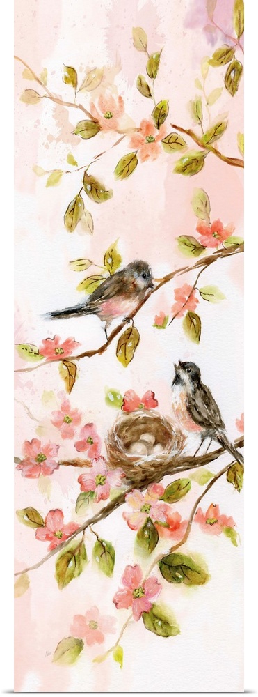 A watercolor painting of two birds perched on branches with a nest holding three eggs surrounded by green leaves and pink ...