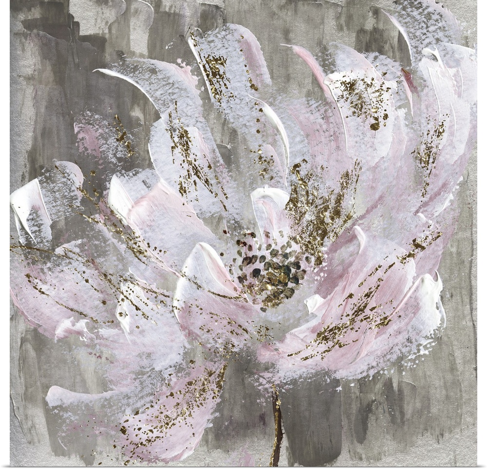 Semi abstract artwork of a flower with paint splatters and pale pink petals.