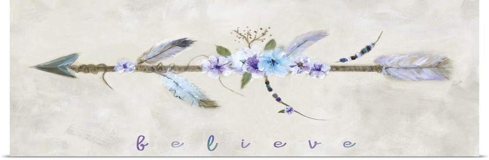 Contemporary painting of an arrow decorated with flowers, beads, and feathers with the word "Believe" written below.