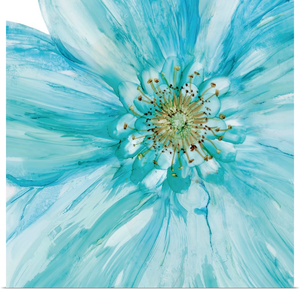 Abstract painting of a blue flower made with watercolors on a square background.