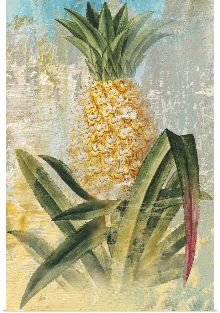 Contemporary painting of a pineapple in its natural state, growing out of the ground, with long leaves underneath.