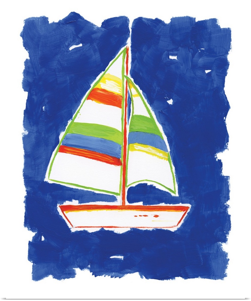 A decorative painting of a sailboat that has red, green, and yellow hues with a bright blue background.