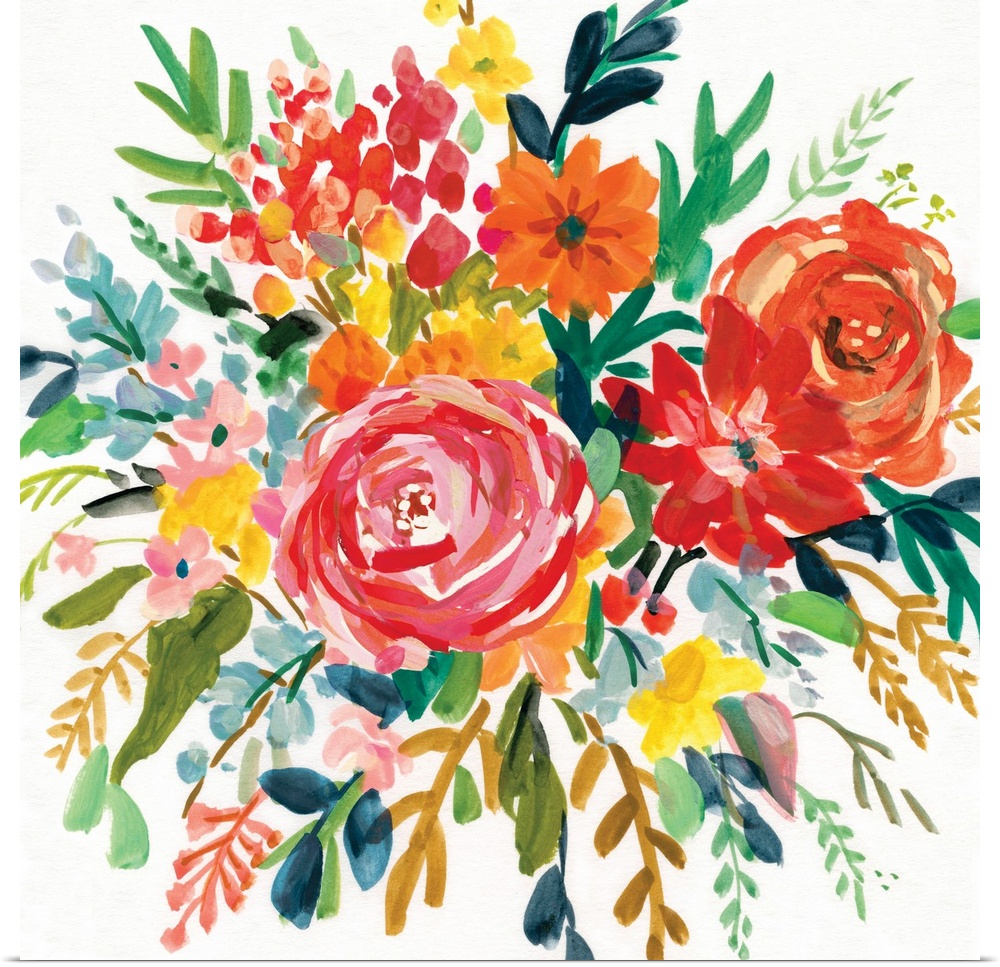 Square watercolor painting of a colorfully arranged bouquet of flowers.