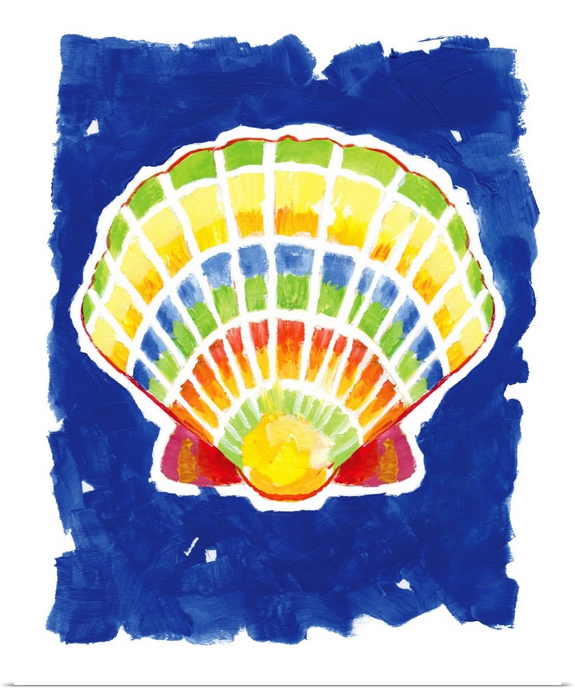 A decorative painting of a large seashell with red, pink, yellow, orange, and green hues on a bright blue background.