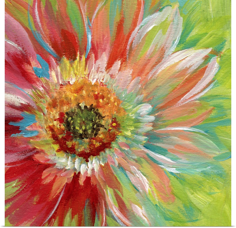 Square painting of a colorful flower on a bright green background.