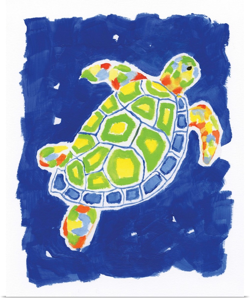 A decorative painting of a sea turtle that has green, yellow, orange, and red hues on a bright blue background.