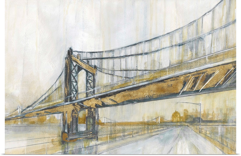 Contemporary painting of the Manhattan Bridge in New York City in shades of gold and grey.