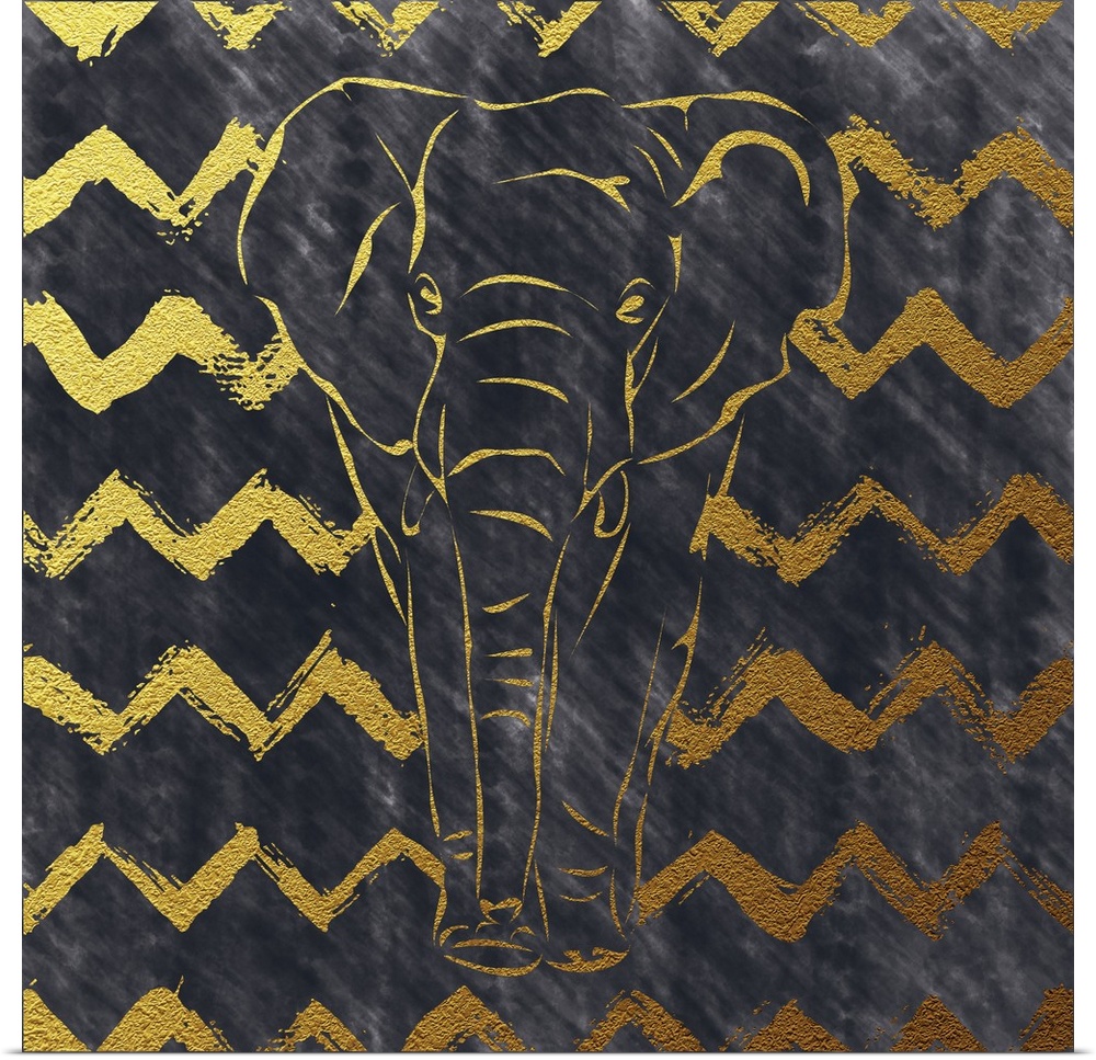 Square illustration of an elephant in gold and black with a zig-zag design in the background.