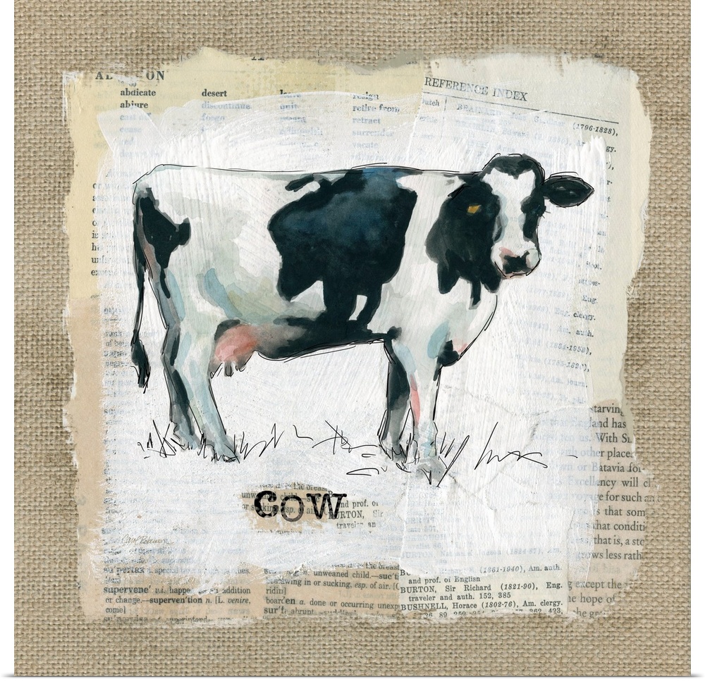 Square burlap collage art of a cow painted on top of newspaper clippings with the word "cow" stamped on underneath.
