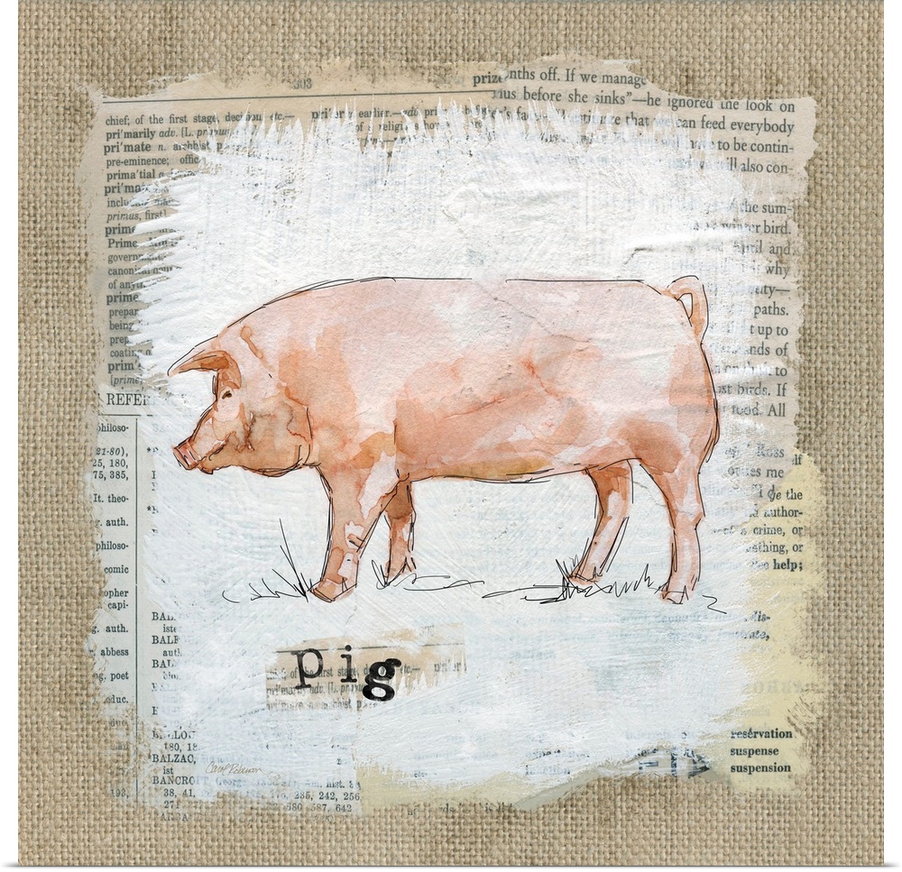 Square burlap collage art of a pig painted on top of newspaper clippings with the word "pig" stamped on underneath.
