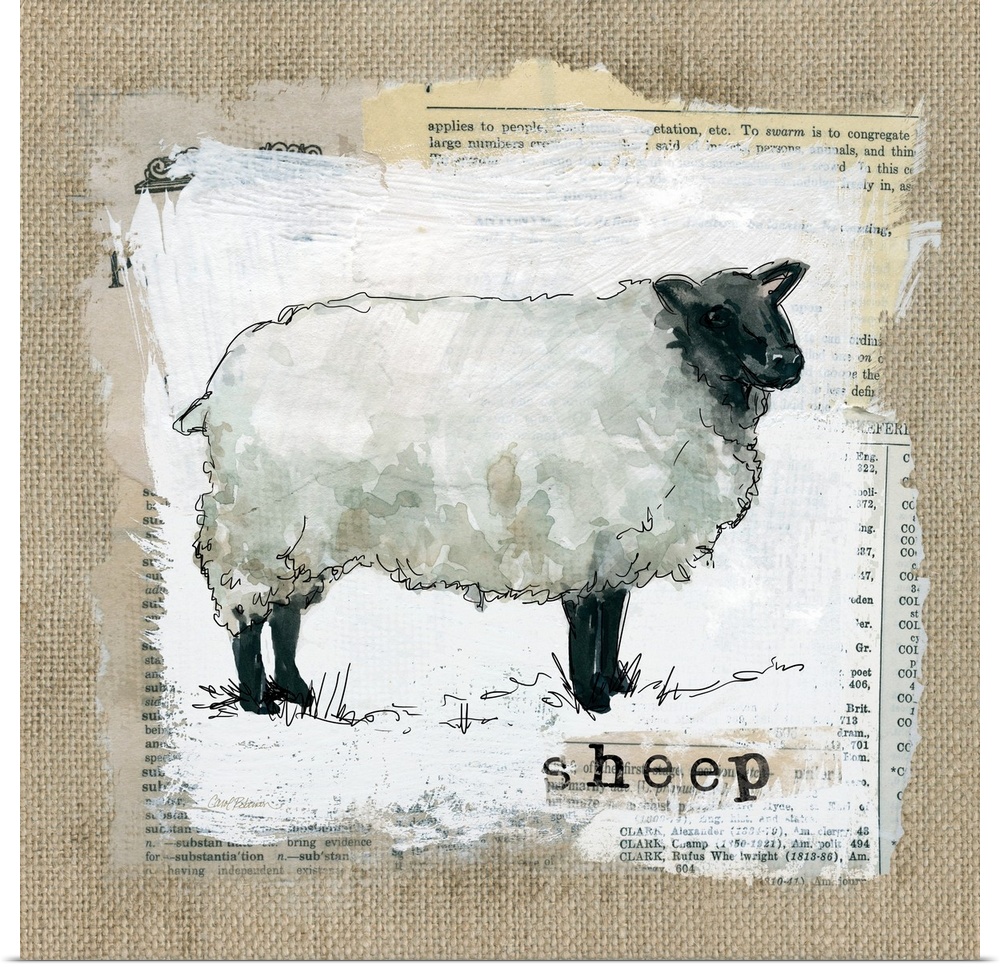 Square burlap collage art of a sheep painted on top of newspaper clippings with the word "sheep" stamped on underneath.