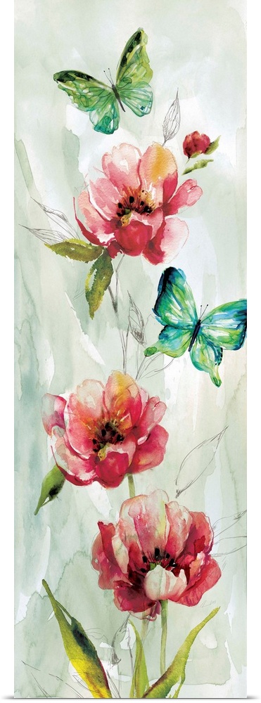 Large panel painting of dark pink flowers and red and green butterflies on a muted blue and green watercolor background.