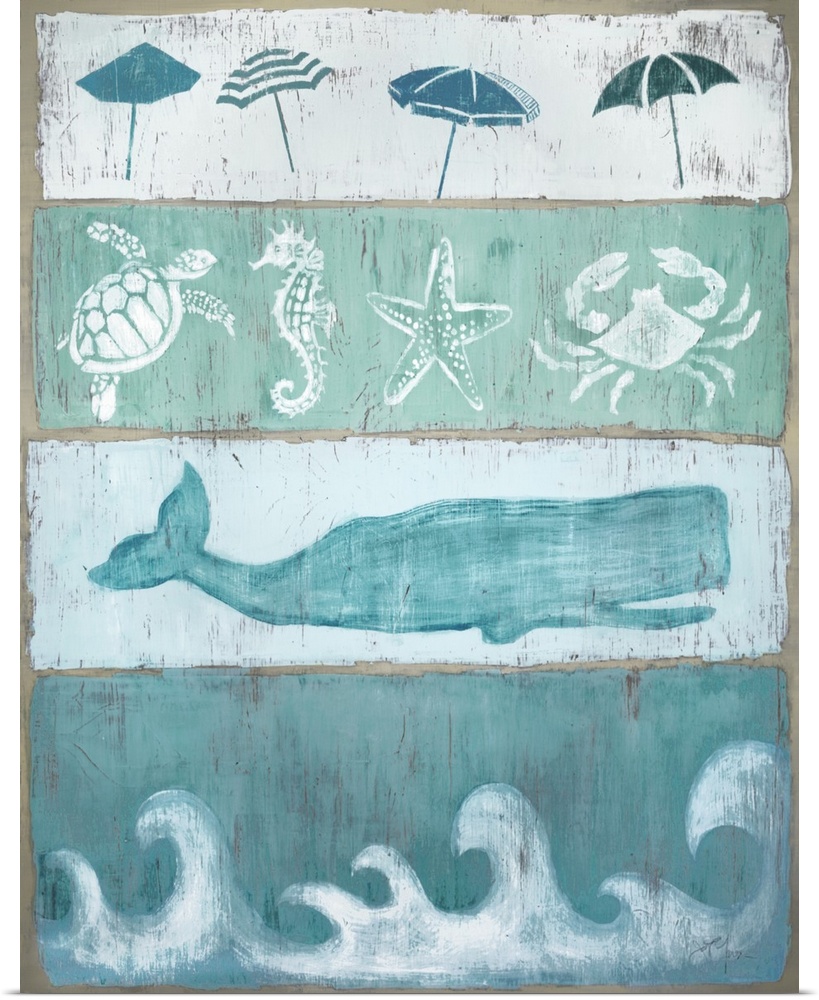 A distressed beach themed sign with various marine animals.