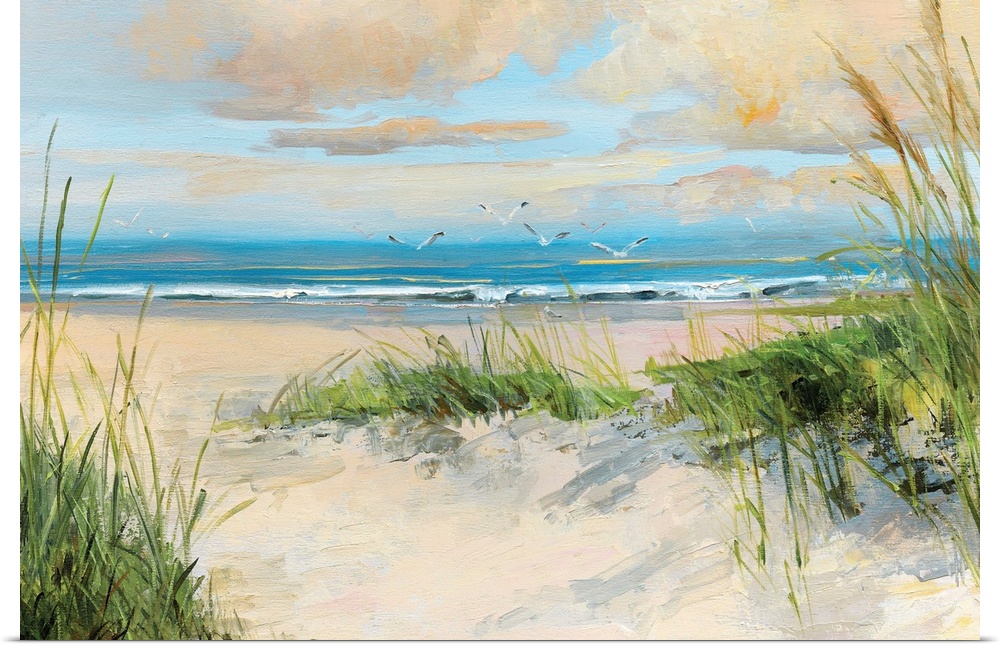 Contemporary painting of a sandy beach with birds flying towards the ocean.