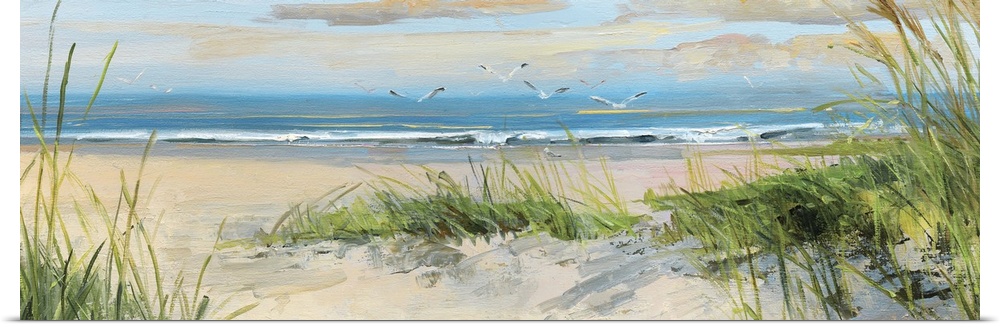 Contemporary landscape painting of grass on a sandy beach at the edge of the ocean.