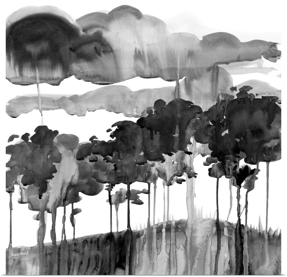 Square watercolor painting of an abstract landscape in black and white with clouds dripping onto the rolling hills.