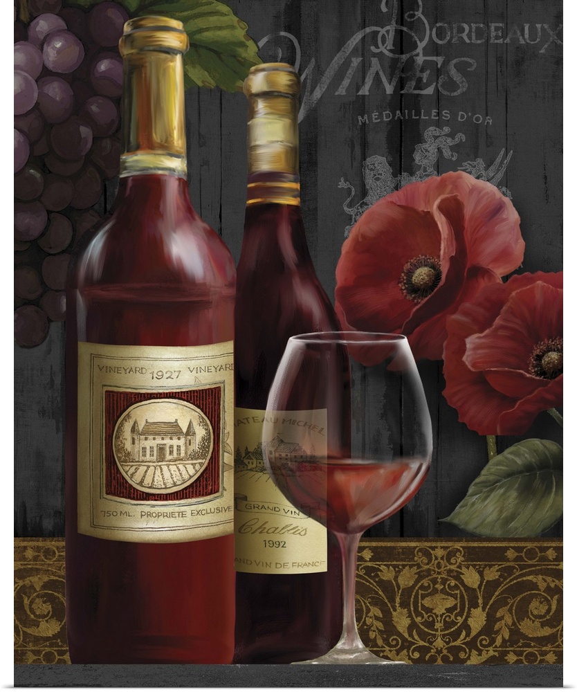 Still life painting of two bottles of wine and a glass of red wine with poppies and grapes in the background.