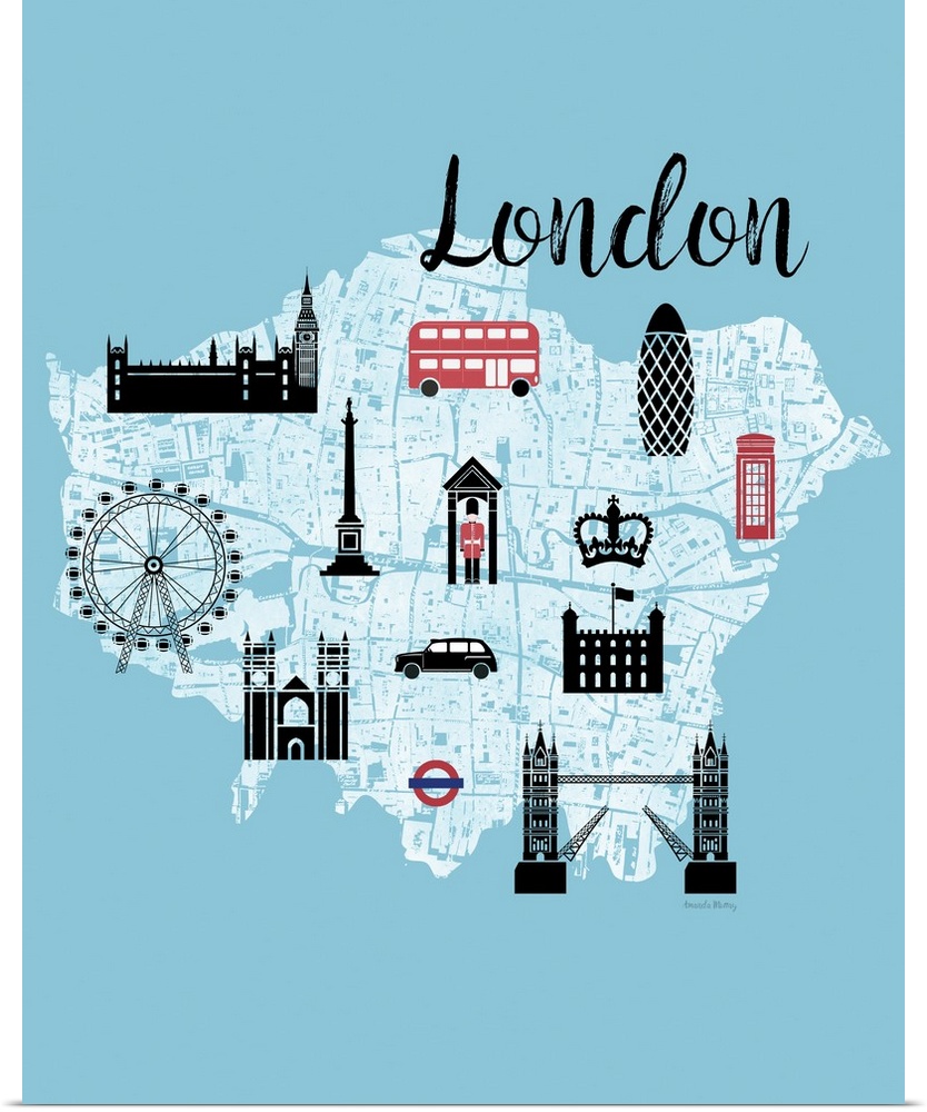 Light blue, white, and red illustrated map of London highlighting landmarks.