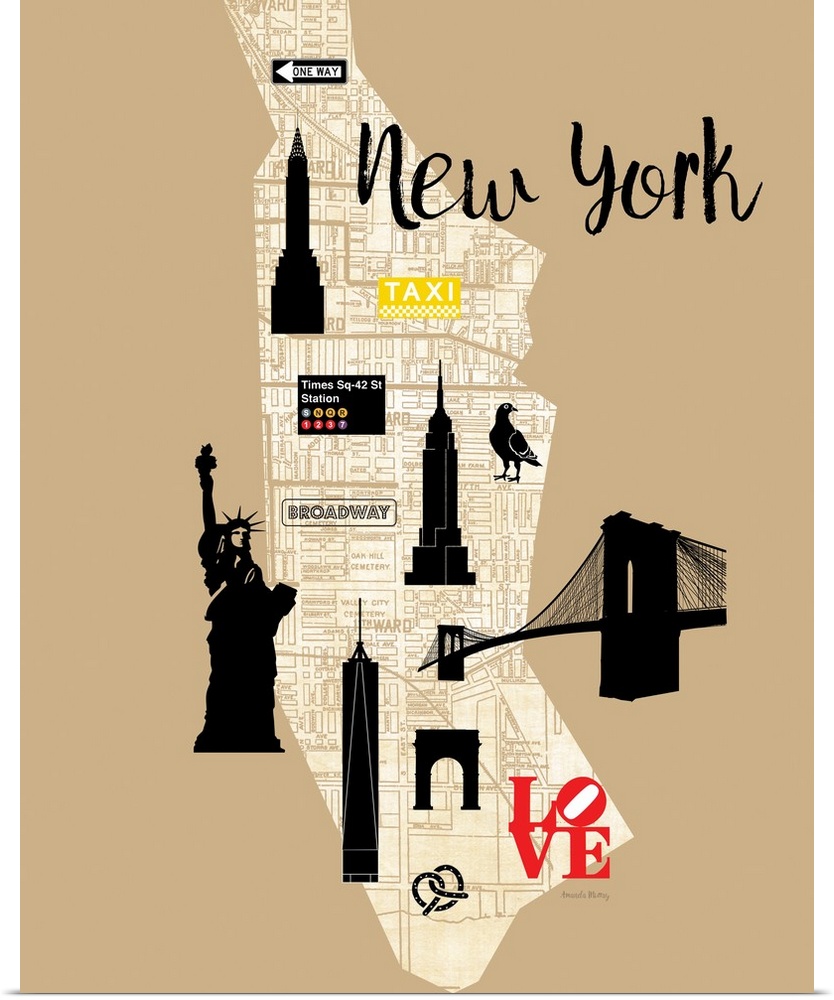 Beige, white, and black illustrated map of New York highlighting landmarks.