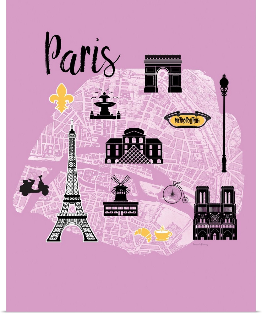 Map of Paris with cute graphics of famous landmarks.
