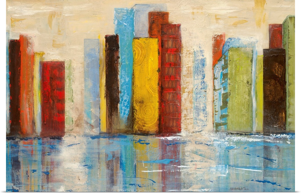 This abstract piece uses strips of colors to stand in as buildings that line the edge of a body of water and reflect down ...