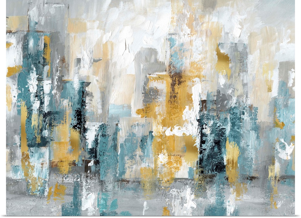 Semi-abstract artwork of a city skyline in turquoise and gold.