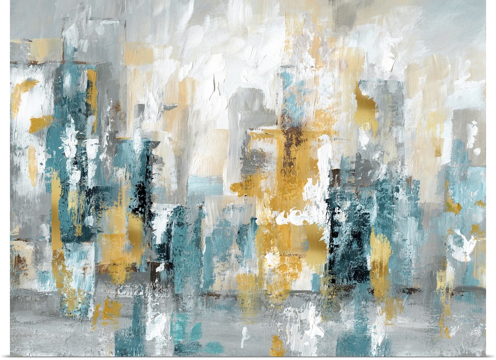 Large abstract cityscape in shades of blue, grey, and gold.