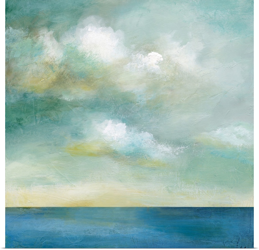 In this contemporary painting, brisk brush strokes compose white fluffy clouds that drift above a still body of water.