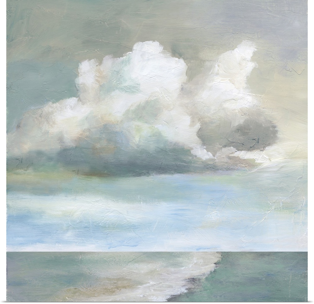 In this contemporary painting, brisk brush strokes compose white fluffy clouds that drift above a wave breaking.