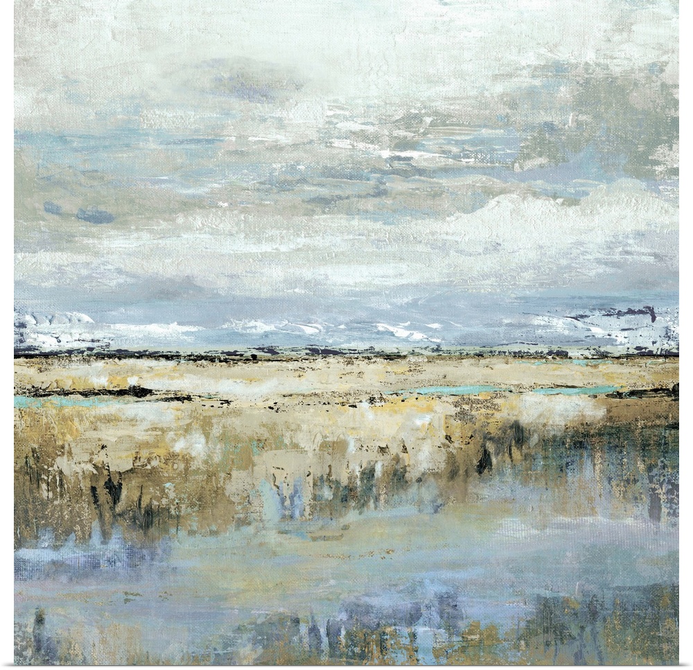 Square abstract painting of a marsh landscape in shades of brown, blue, yellow, and grey.