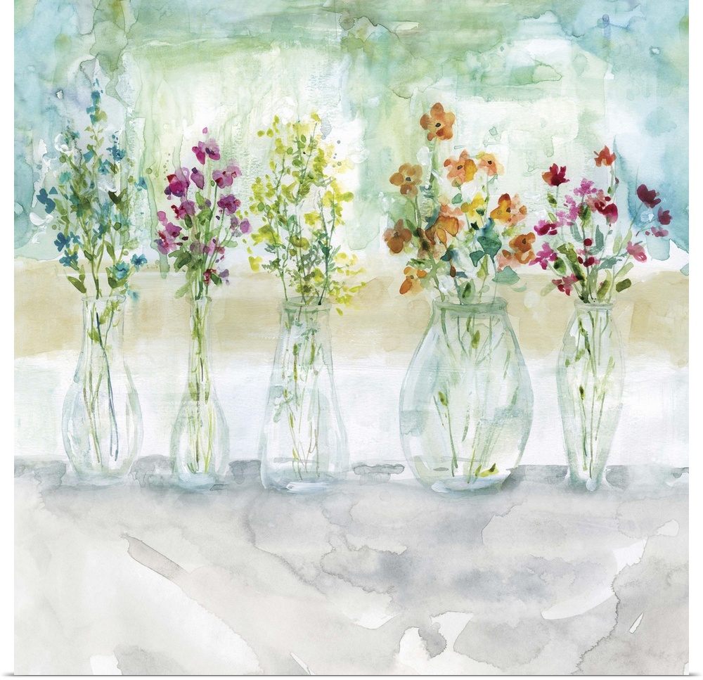 Square watercolor painting of five vases filled with wildflowers.