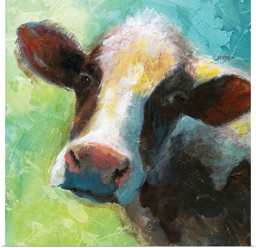 A colorful painting of a cow.