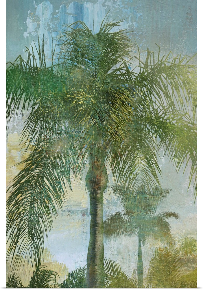 Tropical palm tree landscape in green, blue, and golden hues.