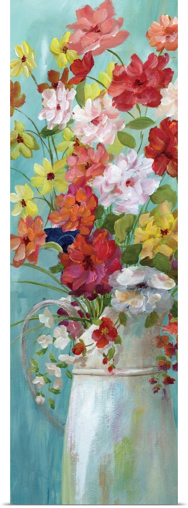 Large panel painting of colorful flowers arranged in a white pitcher on a blue background.