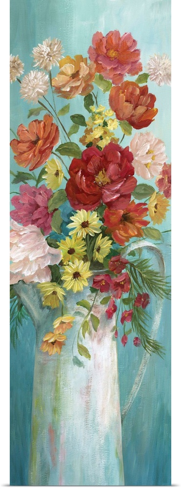 Large panel painting of colorful flowers arranged in a white pitcher on a blue background.