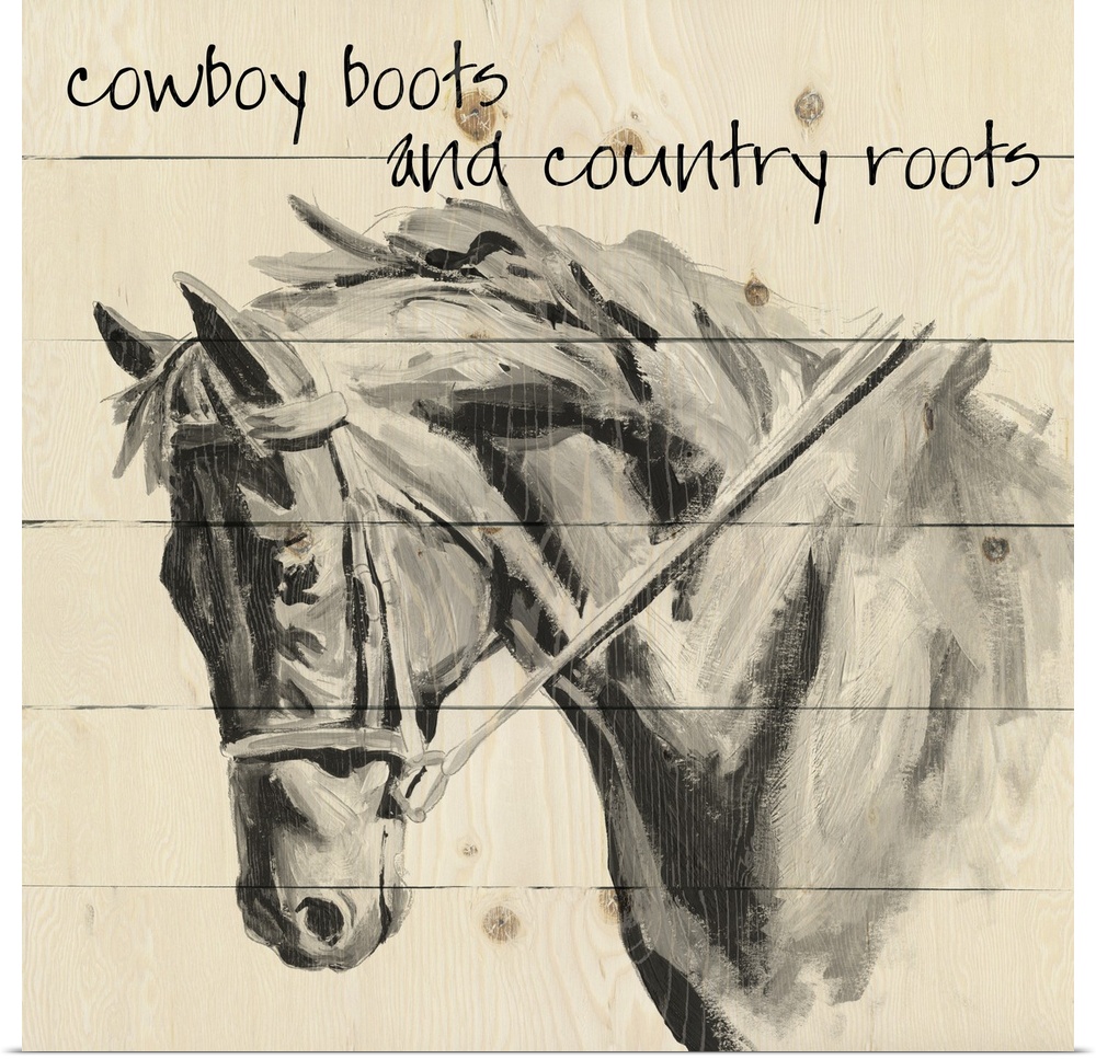 'Cowboy Boots and Country Roots' written on a faux wood background with an illustration of a horse.
