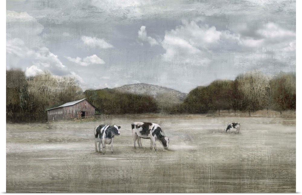 In this painting, brush strokes and muted colors create a rustic mood of three cows grazing on a countryside field.