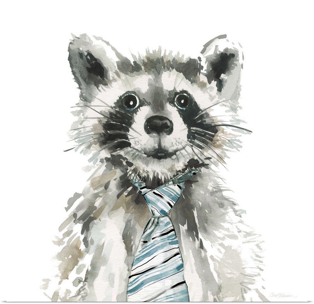 Watercolor painting of a raccoon wearing a a blue, white, and black striped tie on a white square background.