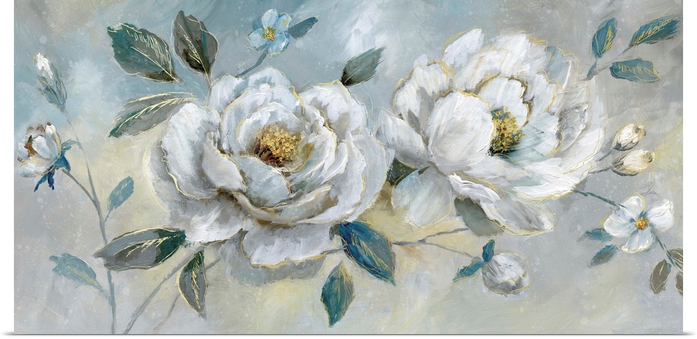Large horizontal painting of white flowers with gold outlines on a blue, yellow, and gray background.