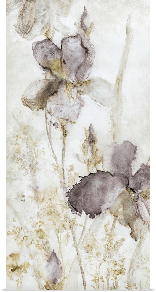 Droplets and splattered paint in subdued colors create this contemporary artwork of iris flowers.